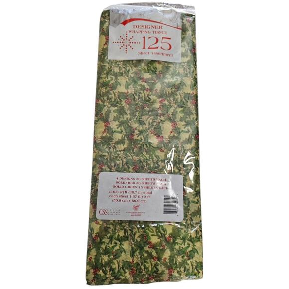 Vintage 1970s Lot of 65 Sheets of Christmas Tissue Paper Green Red Holly Print - Picture 1 of 3
